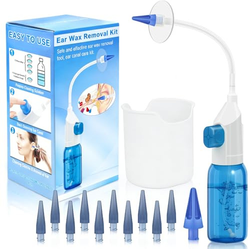 Ear Wax Removal Kit, Manual One-Hand Control Ear Wax Removal Kit Irrigation, Reusable Home Ear Cleaning Kit with 10 Replaceable Tips & Water Catch Basin, Earwax Remover