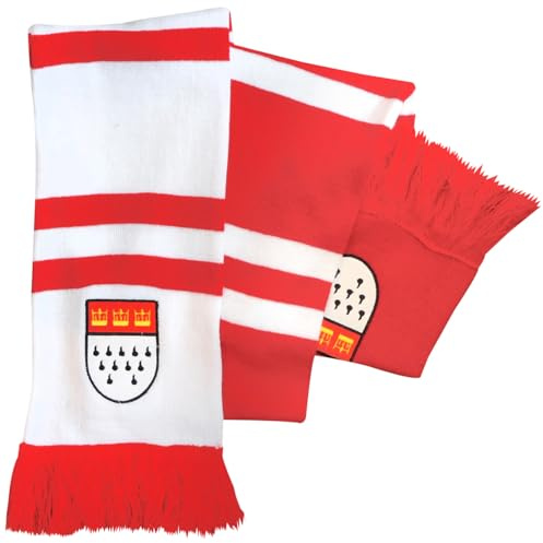 TrendandStylez Köln Strickschal rot-weiß gestreift mit Wappen – Klassischer Fanschal für Karneval, Stadion & Kölner Jecken – Unisex Accessoire für Damen & Herren – Weich & Warm mit Fransen