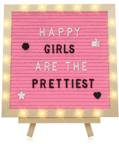 Light up Changeable Felt Letter Board - 10 × 10 Message Board with LED Lights, Wood Stand & 450 Letters for Baby, Pregnancy Announcement, Home, Classroom Wall Decor Gifts, Pink