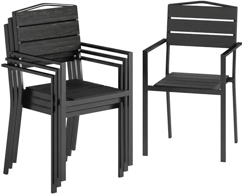 Outsunny Lot de 4 Chaises de Jardin Chaises de Salle à Manger Empilables - HDPE Effet Bois avec Accoudoirs Résistant aux Intempéries - Fauteuils Extérieurs pour Terrasse Balcon Repas Plein Air, Noir