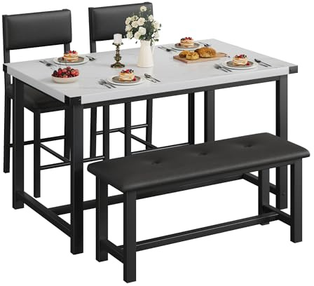 Niwugady Essgruppe Set für 4 Personen, Platzsparendes Esstisch mit Bank & 2 Gepolsterten Stühlen, Stabiler Metallrahmen und Holz, Leicht zu Montieren & Reinigen, ideal für Küche, Wohnzimmer, Weiß