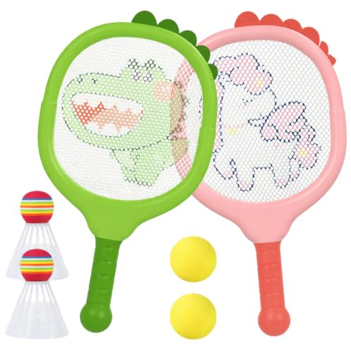 Kinder Schläger Set, Tennisschläger Set für Jungen & Mädchen, Ballspiele | für Draußen Kinder mit 2 Kunststoffschläger 2 Elastischer Tennis und 2 Badmintonbällen für Outdoor Spiele Strandspiele