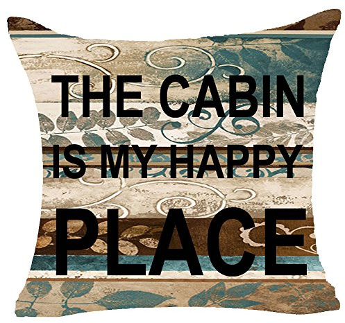 Retro Vintage Wood Grain Background Wildlife Sweet Letters The Cabin Is My Happy Place Cotton Linen Throw Pillowcase Personalized Cushion Cover NEW Home Office Decorative Square 18 X 18 Inches