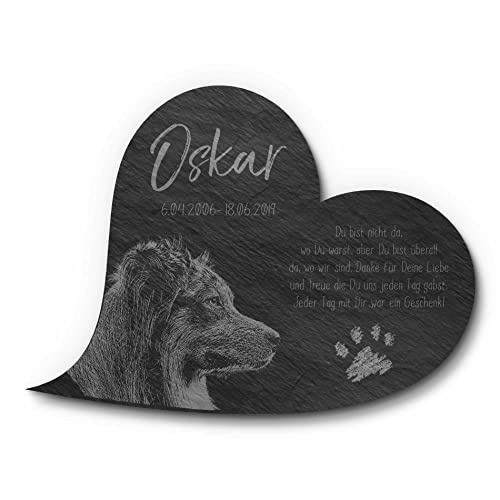 Grabstein Hunde - ab 18x13 cm | Katzen in Herz Form mit Foto und Wunsch Gravur - Tier Gedenkstein Hund | mit vielen Motiven (z.B. Pfote) - wetterfest imprägnierte Grabplatte aus Schiefer Grabschmuck