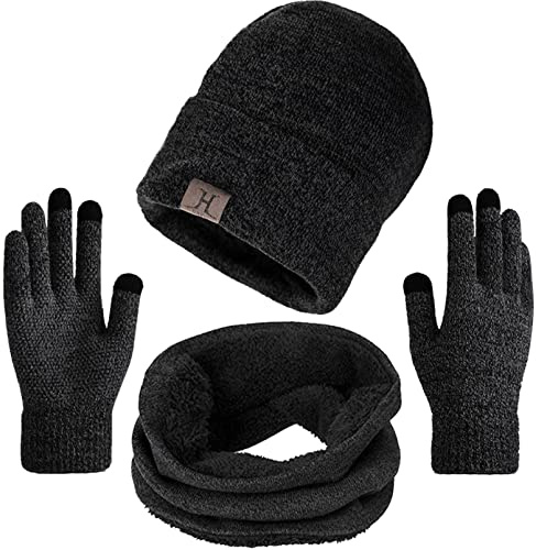 Aisprts Men Women Knitted Hat Scarf Gloves Set Winter Thermal Beanie Snood and Touchscreen Gloves Soft Fleece Lining Winter Hat for Men and Women