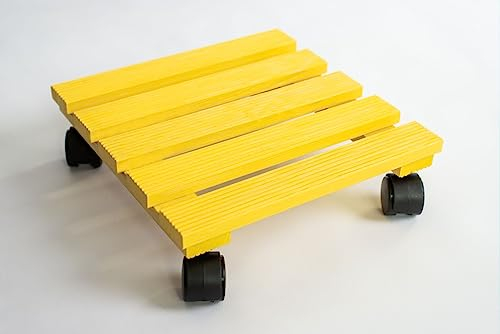 Wooden Plant Pot Caddy - 29x29cm - Rustic Style - Grooved Surface - Garden Plant Pot Trolley - Stand Mover Dolly on Wheels - Yellow