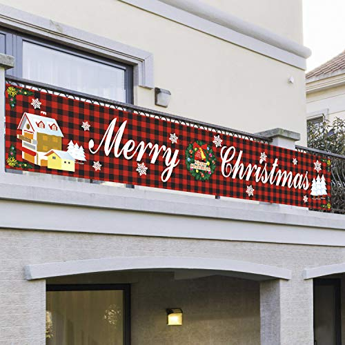 Großes Frohes Weihnachtsbanner - Hängende Rote Merry Christmas Flagge für Draußen, Garten, Tür - Weihnachtsdeko 296 * 48cm Pull Flag - Weihnachtsferien Party Dekor Zubehör (Haus)