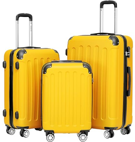 BEIBYE Kofferset 3-teilig – Kabinenkoffer, Reisekoffer und XL-Koffer aus ABS mit Doppelrollen und Zahlenschloss, Yellow