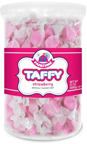 Fairtime Pink Strawberry Taffy, 21 oz Jar - Individually Wrapped Saltwater Taffy for Soft & Chewy Candy Gifts, Wedding Candy Favors for Guests, Buffet, Birthday Parties - Kosher Certified Candies