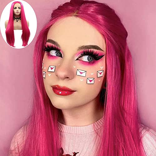 Lange rote rosa Per眉cke synthetische Lace-Front-Per眉cken Haar lange weiche Per眉cke Haar Per眉cke f眉r Frauen (61 cm, rot pink/Lace Front Per眉cke)