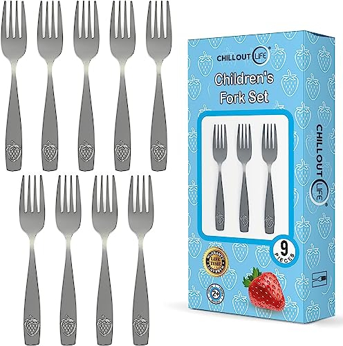 9 Piece Stainless Steel Kids Forks - Child and Toddler Safe Flatware - Kids Utensil Set - Metal Kids Cutlery Set - Includes a Total of 9 Small Kids Forks