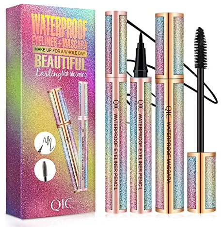 QIC Mascara,Black Mascara&Eyeliner Set,4D Mascara with Liquid Eyeliner Kit,Waterproof,Sweat-Proof,Smudge-Proof,Long Lasting,Quick Drying Perfect Eyes Makeup Set Gifts for Christmas