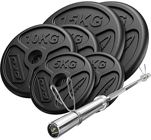 Marbo Sport Set 75kg | olympische Langhantelstange 180 cm ø50mm + Hantelscheiben 2x15kg, 2x10kg, 2x5kg | Made in EU