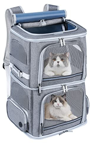 Groxkox Doppel-Katzentragetasche für 2 Katzen, Hunderucksack für mittelgroße Hunde, Doppelfach, Haustier-Tragetasche für Zwei Haustiere, für Outdoor-Reisen/Spaziergang und Picknick