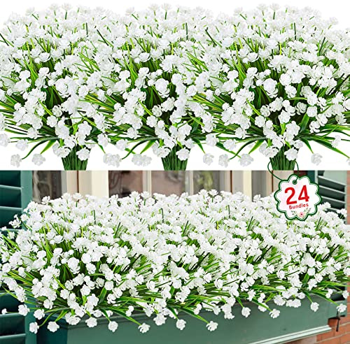 Ouddy Decor 24 Bundles Artificial Flowers for Outdoors Decorations, White
