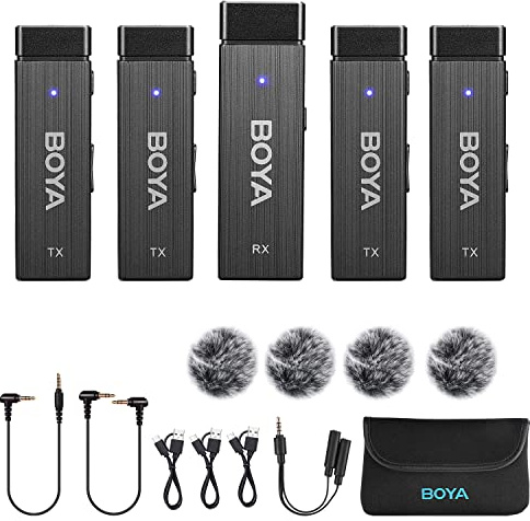 BOYA Sistema microfono Lavalier wireless 4 canali BY-W4 2.4G Revers 4 trasmettitori e ricevitore per DSLR, videocamera, Smartphones, Intervista, Vlog, Video, YouTube