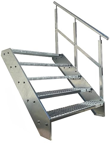 Kaminbau Mierzwa Premium Stahl Treppe Geländer Rechts Verzinkt 5 Stufen (Breite 1200 mm) (Höhe 95 cm) Wetterfest Gitterroststufe Gartentreppe