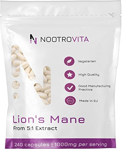 Lions Mane Mushroom - 240 Kapseln - 4 Monate! | Dual Extrakt 1000mg (Entspricht 5.000mg Löwenmähne Pilz) | Heilpilz Hericium Erinaceus | Vegan, Keine Künstlichen Füllstoffe | Nootrovita