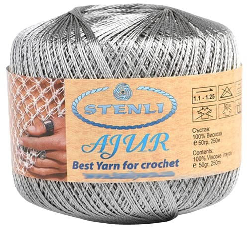 Viscose Garn Grau Silber mit Glitzer Zum Häkeln und Sticken 1 mm, 50 gr, 250 m