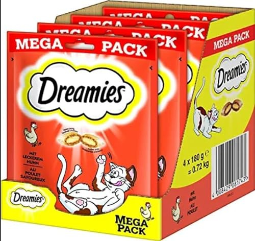 Dreamies Klassiker Katzensnacks mit Huhn – Katzenleckerli mit knuspriger Textur und cremiger Füllung – 4 x 180g