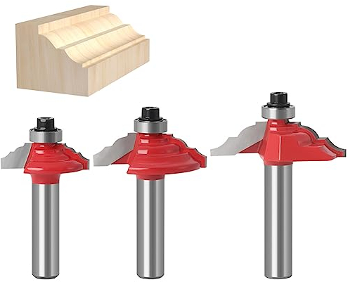 WSOOX 3tlg. Kantenformung Roman Ogee, Hartmetall Fräser Set, Zubehör Fräsen(für Holz, Ø Schaft 8 mm, Arbeitslänge 25.4mm, 31.7mm, 38mm)