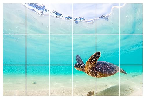 GRAZDesign Fliesenaufkleber Bad & Küche 15x20cm - 18 Stück | Motiv Schildkröte im Wasser wasserfeste & selbstklebende Klebefliesen | Fliesenfolie 90x60cm