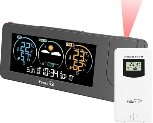 Radio Control (Official 2025 MSF UK Version) Projection Alarm Clock Outdoor Sensor, Weather Station, Bedroom Projector Dimmable Clock Dual Alarms LCD Display Date Time Temperature Humidity