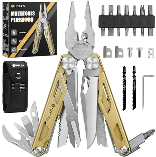 BIBURY Multitools, Multi Tool Foldable Pliers with Upgraded Scissors and Screwdriver Set, Stainless Steel Multitools, Ideal for Camping, Outdoor, Repairing -Gift for Dad Men -Titanium Plating Gold Pro