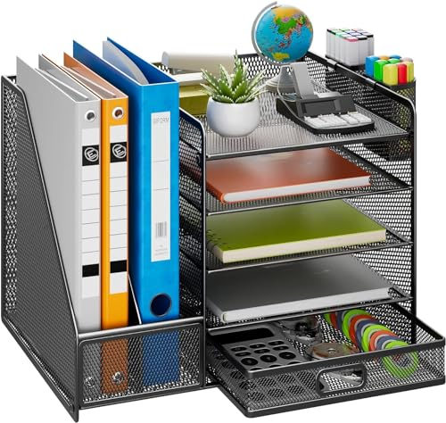 HMXLJJY Organizador de escritorio de malla con soporte vertical para archivos, bandeja de papel de 5 niveles con cajón y 2 soportes para bolígrafos, organizador de escritorio con revistero para