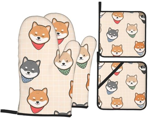 Gant Et Manique 4 Pièces Chiens Japonais Mignons Shiba Inu Coton Doublure Gants De Four Et Maniques Gants De Four, pour Griller, Grillades