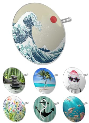 arteneur Badewannenstöpsel Universal mit Motiv Japan Welle | Dreifach-Dichtung, rostfreier Edelstahl, höhenverstellbar 45-78 mm, für Siphons 40-50 mm, extra schwer für stabilen Halt