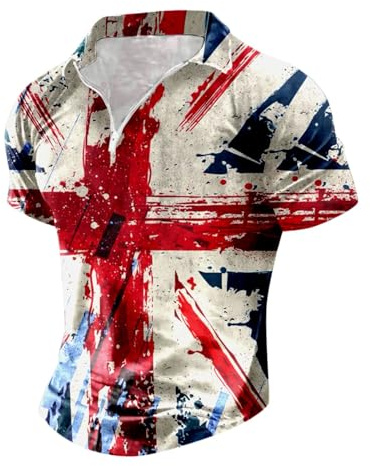 NNGOTD Union Jack 2024 Men Graphic T Shirts UK British Flag Cotton Linen Traditional Pattern Print Short Sleeve Button Down Hawaiian Shirts 2024 King Charles Coronation Big and Tall V-Neck T-Shirts