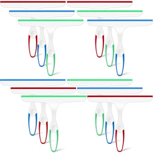 Dandat 12 Pcs Squeegee for Shower Glass Door 9.8'' Small Silicone Shower Squeegee for Doors Bulk with Hanging Hole for Bathroom Car Mirror Tile(Red, Blue, Green)