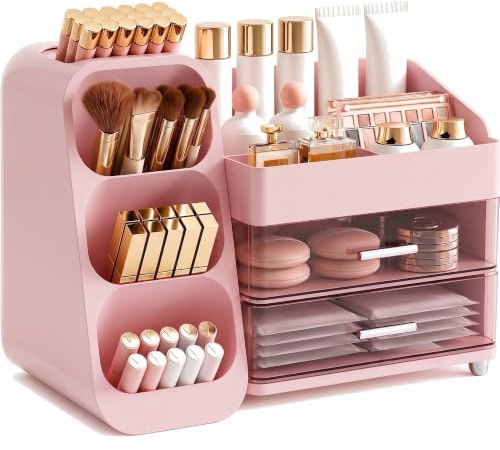 Makeup-organiserare med lådor för sminkbord, rymligt kosmetiskt visningsfodral, perfekt förvaringslösning för din skönhet väsentlig (rosa)