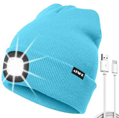 ATNKE LED Mütze mit Licht, USB Typ C Wiederaufladbare 4 LED Beleuchtete Laufmütze Extrem Heller Lampe Winter Warme Stricken Mütze für Herren und Damen Geschenke/Light Blue