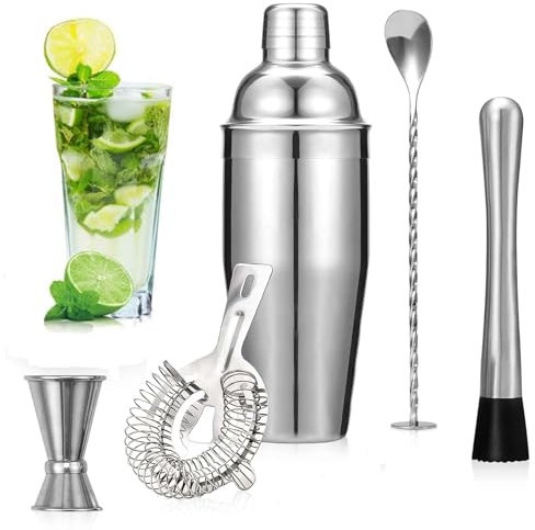 aichilra Ensemble shaker à cocktail, 5 pièces professionnel en acier inoxydable, kit de barman de 750 ml avec doseur doseur, pilon, passoire, bec, cuillère à mélanger pour la maison, les bars et les