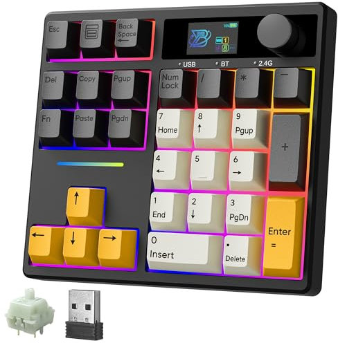 BOYI TD31Pro Mechanical Number Pad,Bluetooth5.0/2.4G/Type-C Wireless Numeric Keypad,RGB HotSwap Numpad with Screen&Knob,PBT Keycap Rechargeable Gasket Number keypad for PC Laptop (Black-Grey)