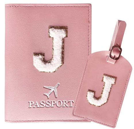 ZVRSUA Reisepasshülle Rosa und Kofferanhänger Set mit Buchstabe J, Passport Hülle Reise Gadgets und Travel Essentials Hülle Reisepass,Geschenk für Frauen/Teenager/Mädchen/Kind(J)