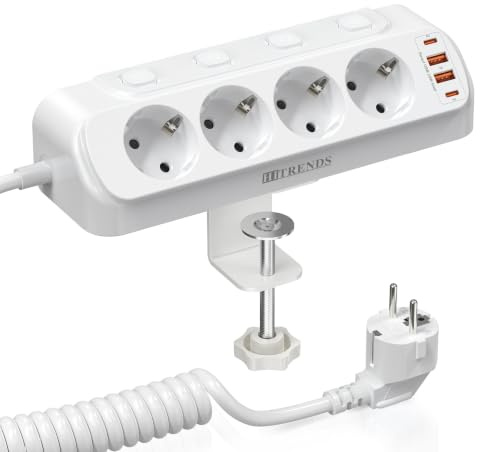 Tischsteckdose Klemmbar 4-Fach, Einzeln Schaltbar, USB C PD 20W | 4 Schuko + 2 USB-A + 2 USB-C, Steckdosenleiste Schreibtisch, Klemmhalterung für Tischplatten Schreibtisch, 2m Kabel, Weiß