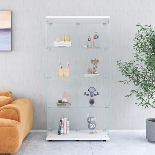 JOROBURO Glasvitrine Standvitrine, Vitrinenschrank mit 4 Glasböden & 2 Türen aus gehärtetem Glas, Modern Glas Schrank für Wohnzimmer Büro Sammlerstücke Bücher Wein, Weiß
