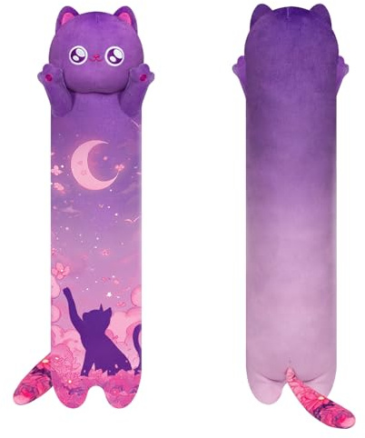 Mewaii 50CM Kawaii Cat Peluche Coussin Long Chat Violet Jouet Moelleux et Confortable Oreiller Chat en Peluche pour Les Enfants de 3 Ans et Plus
