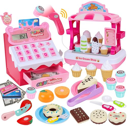 Charmofun Gelateria Giocattolo per Bambini - Incl. 48 Accessori (15 Gelati, 5 Torte, 7 Posate, Soldi Finti Ecc.), Cassa Negozio per Giochi di Ruolo, Cassa Giocattolo per Bambini Dai 3+ Anni