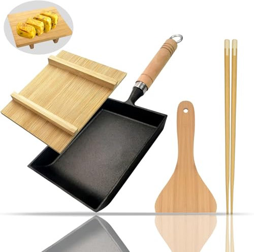 Tamagoyaki Japanese Omelette Pan Cast Iron with Wooden lid, Square Japanese Egg pan, Rectangle Tamago pan with Spatula & Chopsticks 7” x 6”