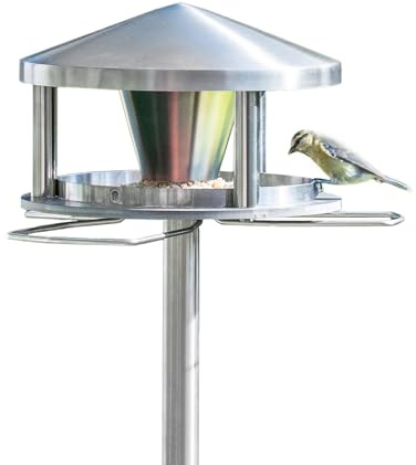 LicusDesign Vogelhaus mit Ständer wetterfest aus Edelstahl - Stabiles Vogelfutterhaus für draußen, modern aus Metall - Vogelfutterstation - Futterhaus für Vögel stehend