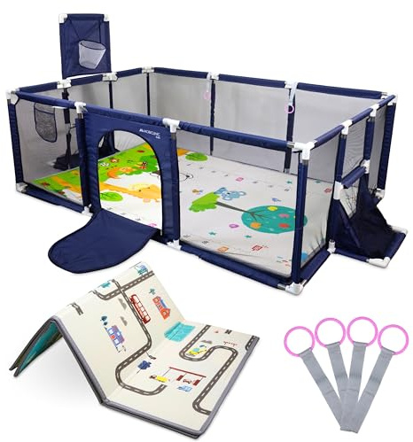Mobiclinic®, Parque Infantil Bebé, Alfombra de Juegos Reversible, Plegable, 128x233 cm, Canasta y Red de Fútbol, 4 Agarraderas, Malla Transpirable, Corralito Bebé, Bolsa de Transporte, Kidland, Azul
