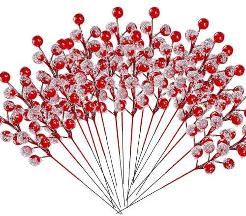 ONEINHE 24 Pack Christmas Frosted Red Berries, 22cm Artificial Red Berry Stems, Fake Snowy Holly Berries for Christmas Tree Decorations, Xmas Wreaths, Wedding, Holiday Home Decor