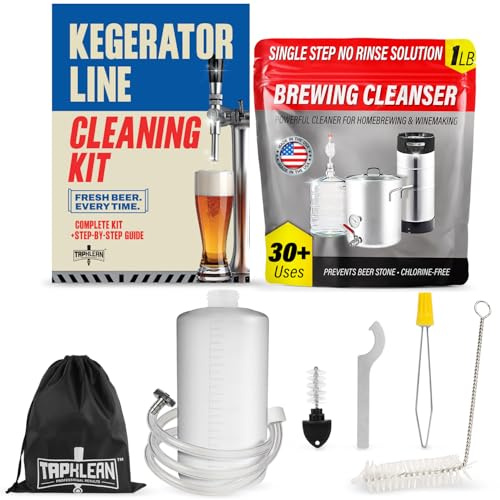 Kegerator Cleaning Kit - Beer Line, Keg & Tap Cleaner, No-Rinse Formula | 30+ Cleanings — 1 lb US-Made Cleaner, Metal Coupler, Step-by-Step Instructions, Faucet Wrench, Tap Brush, & Storage Bag