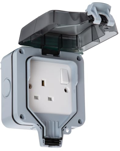 SLx Weatherproof Outdoor Socket 1 Gang IP66 13A Switched Socket, Lockable Cover, Durable UV-Stabilised Housing, Wall-Mounted Waterproof Socket for Garden & Workshop