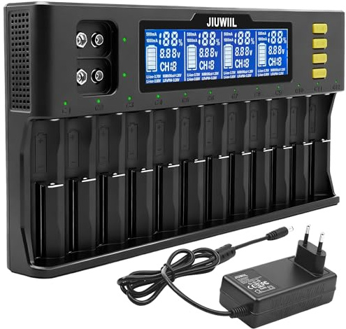 18650 Akku Ladegerät, JIUWIIL 12+2 Schacht Schnellladung Universal Akkuladegerät mit LCD-Display für Wiederaufladbare Akkus Li-Ion LiFePO4 26650 17500 16340 18650 14500 10440 & 9V