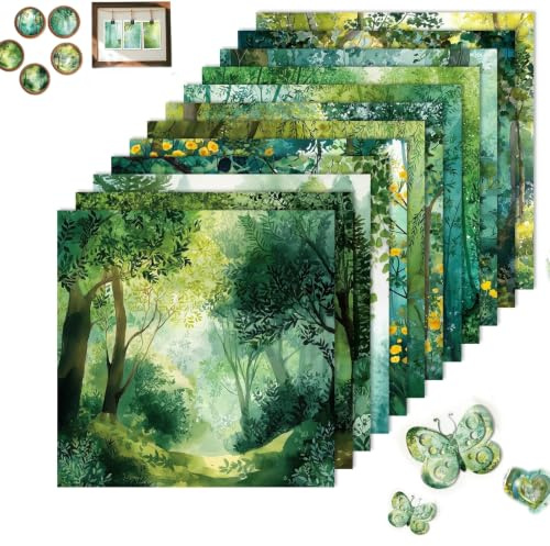 DiiWmme Wald Ölgemälde Scrapbook Papier Set, 24 Blatt 12 Designs (Grün B) | 15x15 cm Bastelpapier Muster für Deko Papier für Fotoalben, Scrapbooking, Journaling, Kartenherstellung